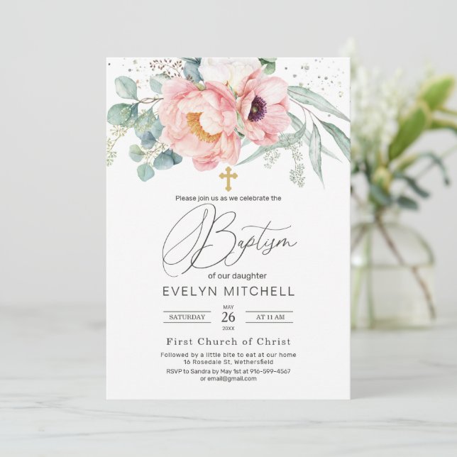 Invitation Eucalyptus Peony Fleurs de pavot Croix Baptême (Debout devant)