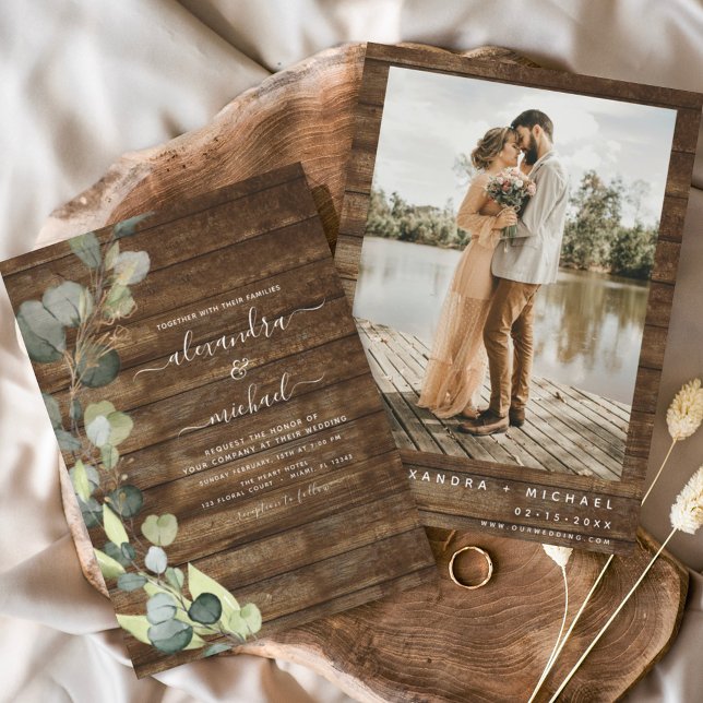 Invitation Eucalyptus Photo Rustique Mariage en bois (Créateur téléchargé)