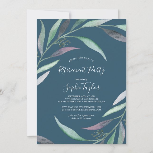 Invitation Eucalyptus pourpre et vert | Blue Retirement Party (Devant)