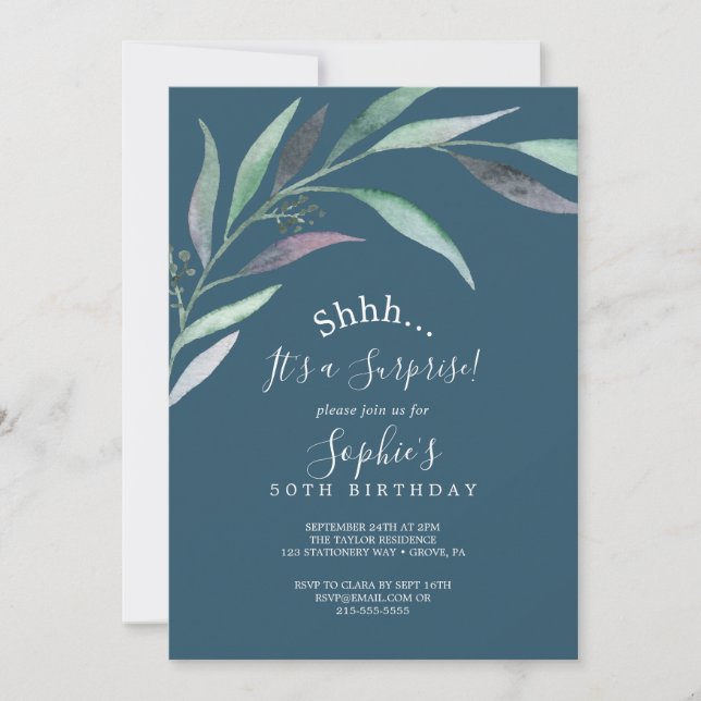 Invitation Eucalyptus pourpre et vert | Blue Surprise Party (Devant)