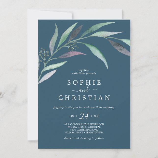 Invitation Eucalyptus pourpre et vert | Mariage Décontracté b (Devant)