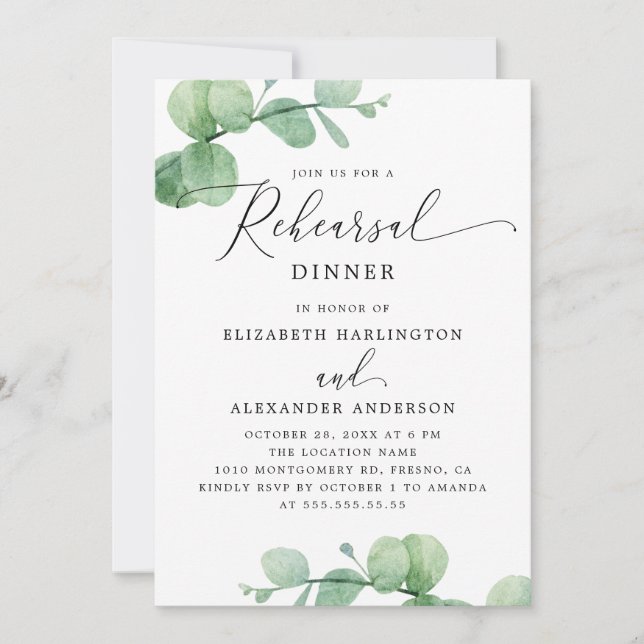 Invitation Eucalyptus Rehearsal Dinner. Elegant Script Garden (Devant)