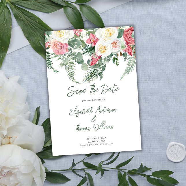 Invitation Eucalyptus rose blanc Roses floraux Enregistrer la (Créateur téléchargé)