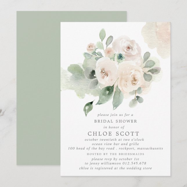 Invitation Eucalyptus Rose blanche Fête des mariées florale (Devant / Derrière)