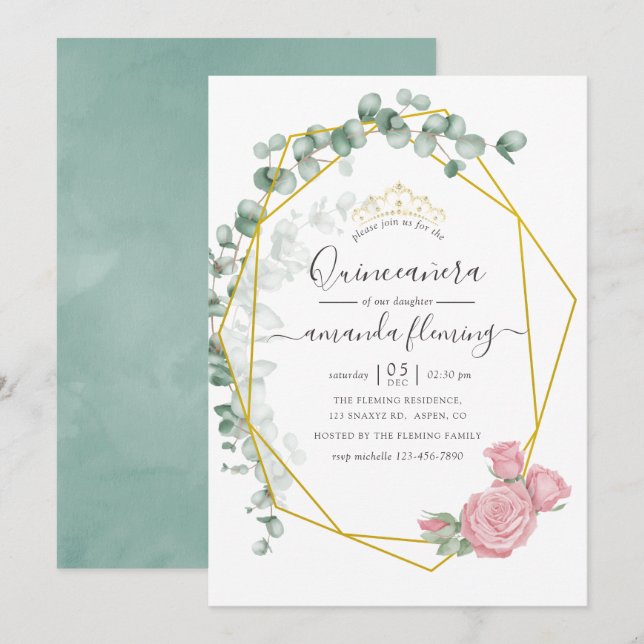 Invitation Eucalyptus Rose géométrique Quinceañera (Devant / Derrière)