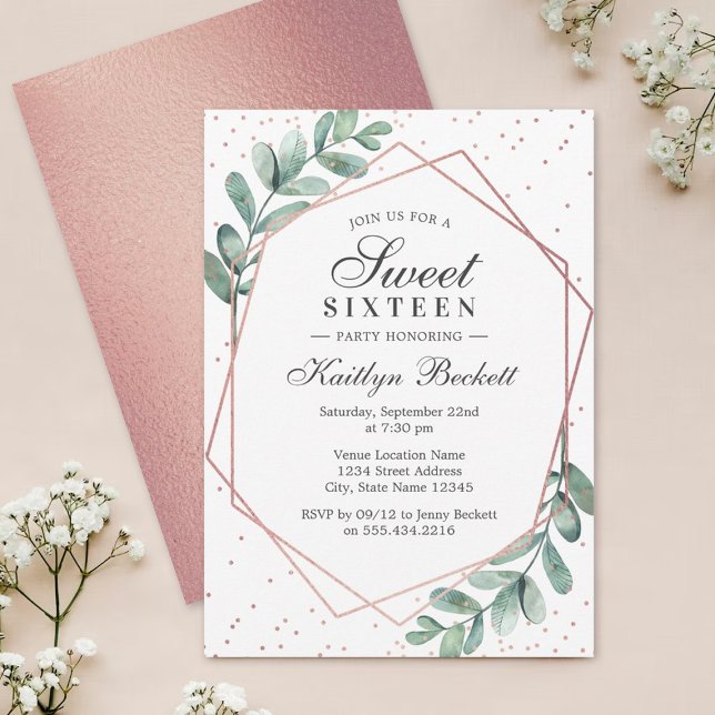 Invitation Eucalyptus Rose or Sweet sixteen géométrique (Créateur téléchargé)