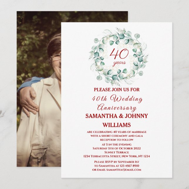 Invitation Eucalyptus Ruby 40ème anniversaire de Mariage Phot (Devant / Derrière)