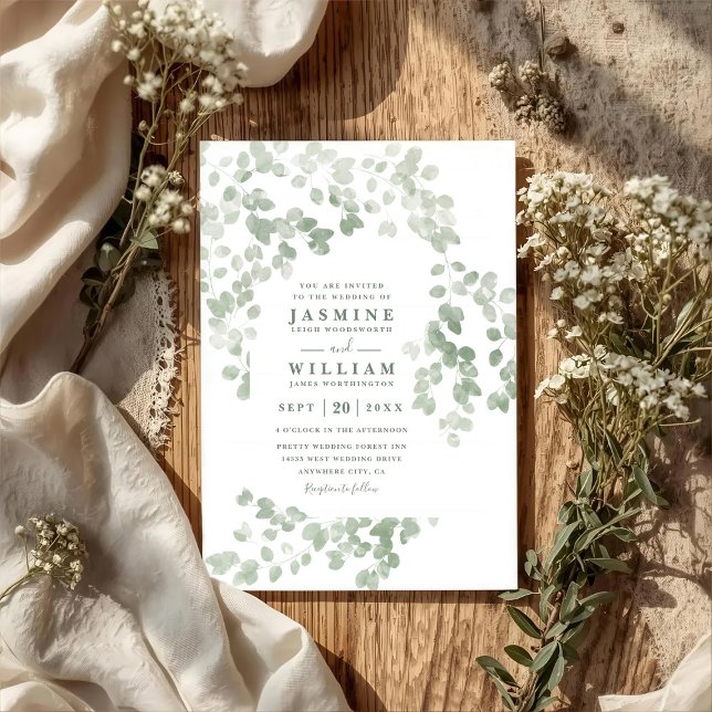 Invitation Eucalyptus Rustic Elegant Modern QR Code Wedding (Créateur téléchargé)
