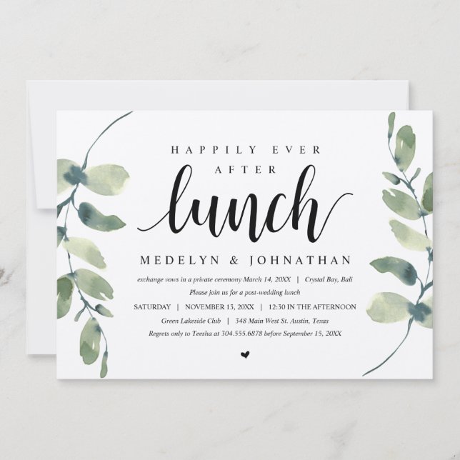 Invitation Eucalyptus Rustique, Déjeuner Mariage Elopement (Devant)