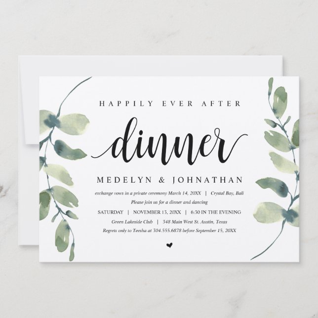 Invitation Eucalyptus Rustique, Dîner Mariage Elopement Invit (Devant)
