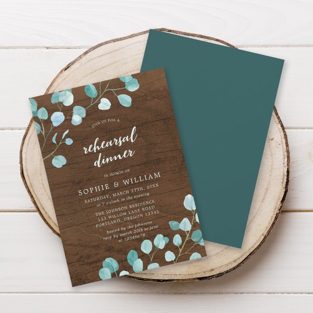 Invitation Eucalyptus rustique et Dîner de répétition en bois (Créateur téléchargé)
