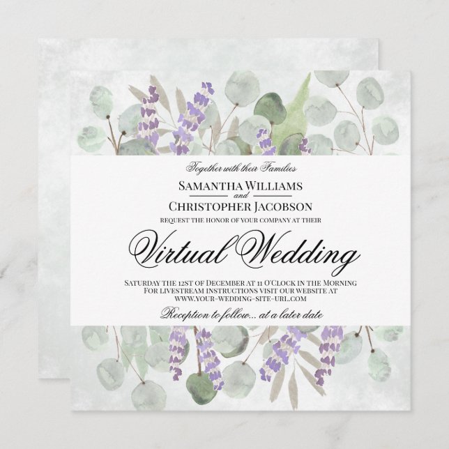 Invitation Eucalyptus rustique et Mariage virtuel Lavender (Devant / Derrière)