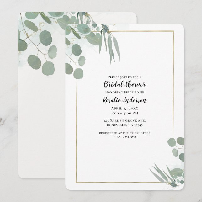 Invitation Eucalyptus rustique Fête des mariées verte et or (Devant / Derrière)