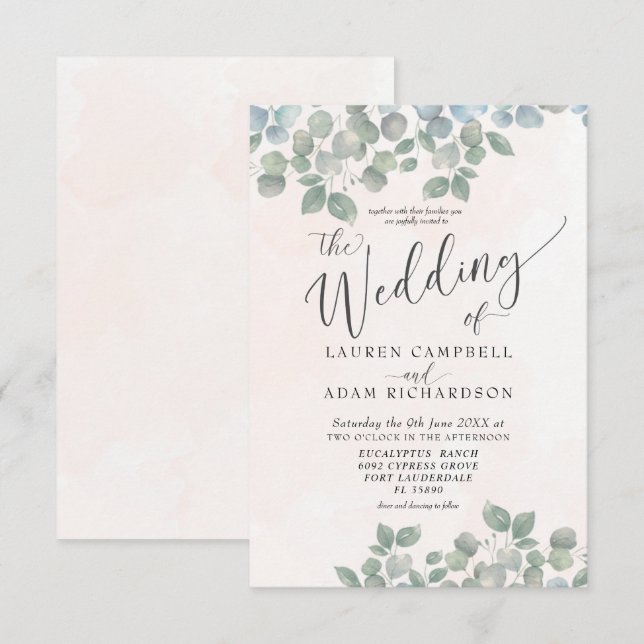 Invitation Eucalyptus rustique Mariage d'aquarelle vert et co (Devant / Derrière)