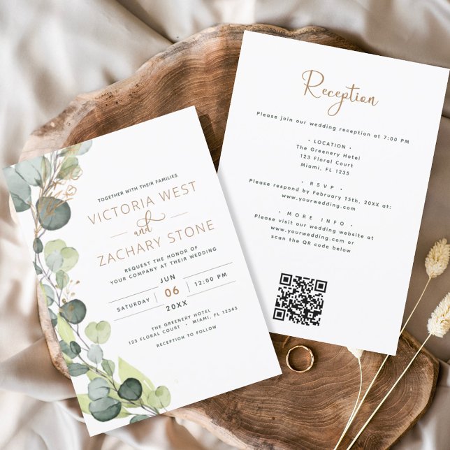 Invitation Eucalyptus Rustique tout en un QR Code Mariage (Créateur téléchargé)