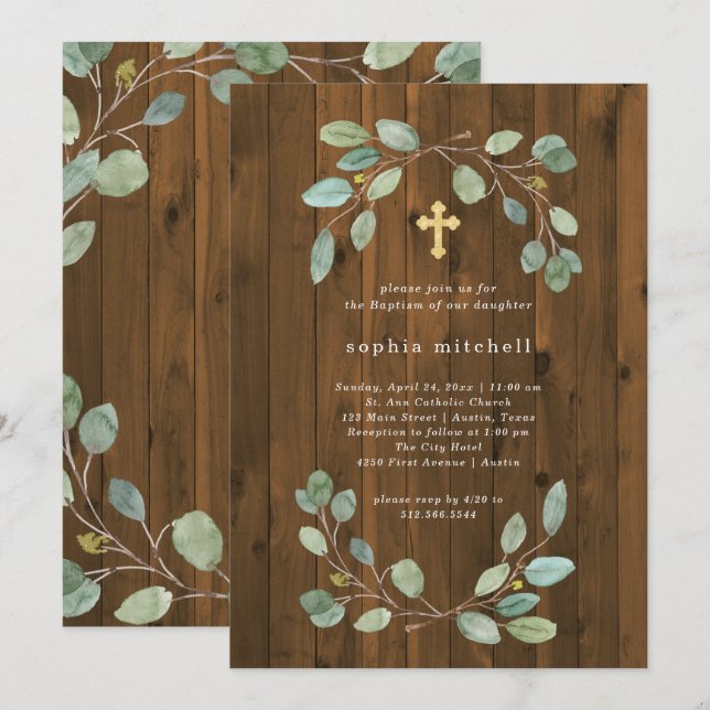 Invitation Eucalyptus rustique Verdure et Croix d'or Baptême (Devant / Derrière)