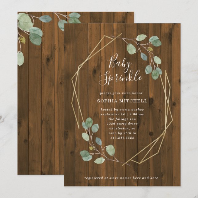 Invitation Eucalyptus rustique Verdure Geometry Baby Sprinkle (Devant / Derrière)