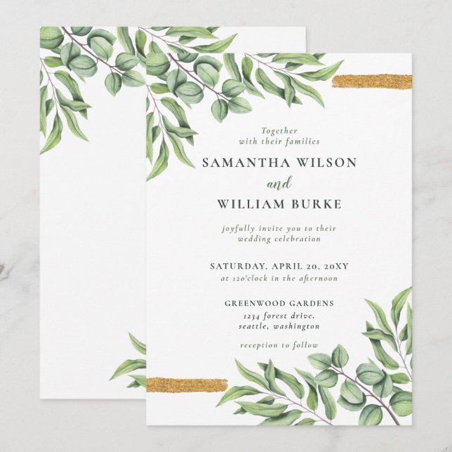 Invitation Eucalyptus rustique Verdure Mariage succulent (Devant / Derrière)