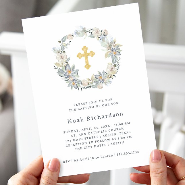 Invitation Eucalyptus simple | Faux Gold Cross Baptism (A simple and elegant gender neutral Baptism invitation, with eucalyptus leaves, flowers, and a cross)
