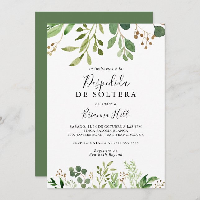 Invitation Eucalyptus Simple Floral Fête des mariées espagnol (Devant / Derrière)
