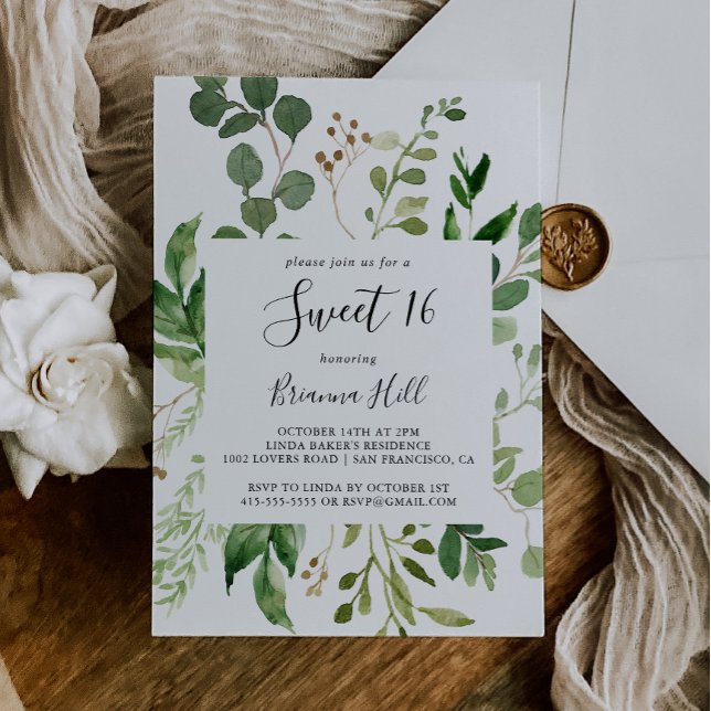Invitation Eucalyptus Simple Floral Sweet 16 Anniversaire (Créateur téléchargé)