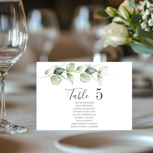 Invitation Eucalyptus Tableau Numéro 5 Siège Mariage (Eucalyptus Greenery Wedding Reception Script Table Number with Guest Names)