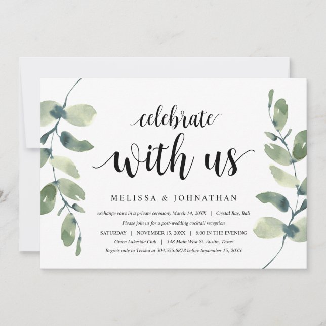 Invitation Eucalyptus verdoyant, Encre noire, Elopement Maria (Devant)