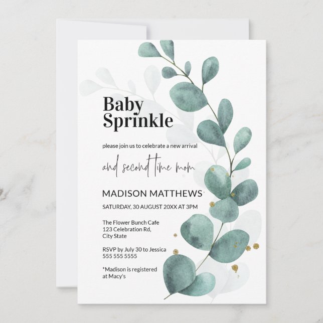 Invitation Eucalyptus Verdure Aquarelle Baby Sprinkle Invit (Devant)