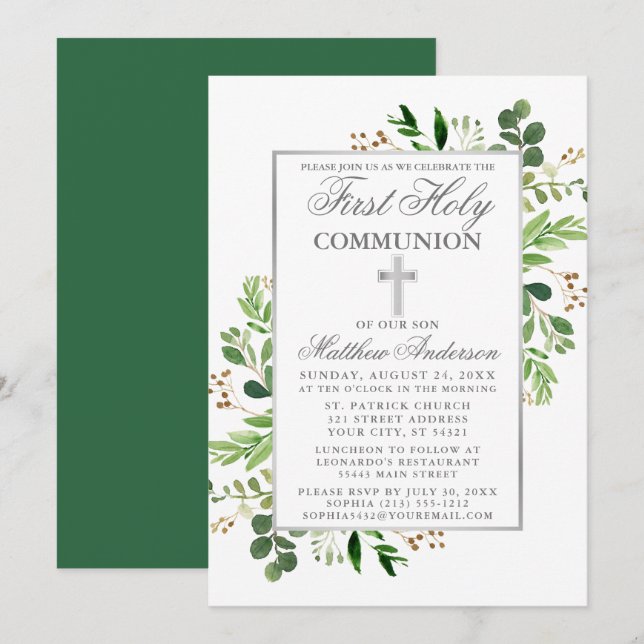 Invitation Eucalyptus Verdure Argent Première communion (Devant / Derrière)