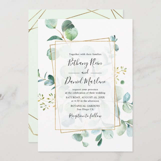 Invitation Eucalyptus Verdure avec Mariage de cadre géométriq (Devant / Derrière)