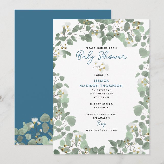 Invitation Eucalyptus Verdure Baby Boy Baby shower bleu (Devant / Derrière)