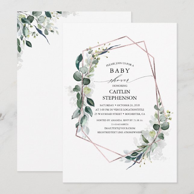 Invitation Eucalyptus Verdure Baby shower géométrique moderne (Devant / Derrière)