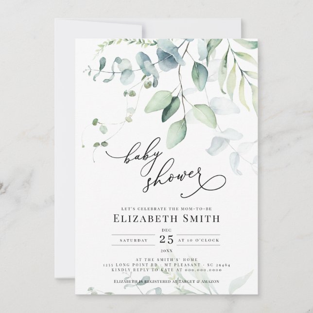 Invitation Eucalyptus verdure Baby shower neutre genre (Devant)