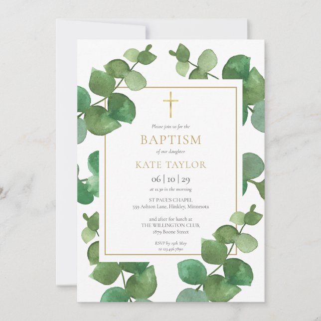 Invitation Eucalyptus Verdure Baptême Christening (Devant)