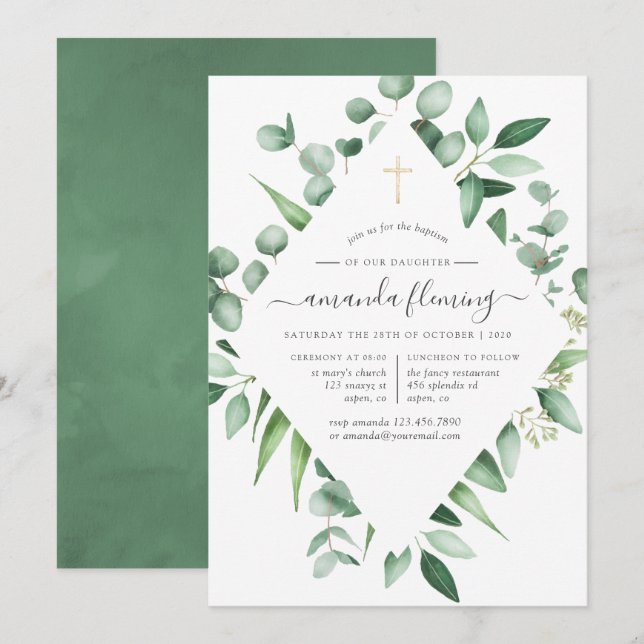 Invitation Eucalyptus Verdure Baptême ou Christening (Devant / Derrière)