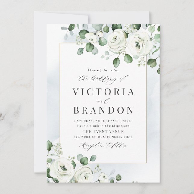 Invitation Eucalyptus verdure blanc fleuri rustique mariage (Devant)
