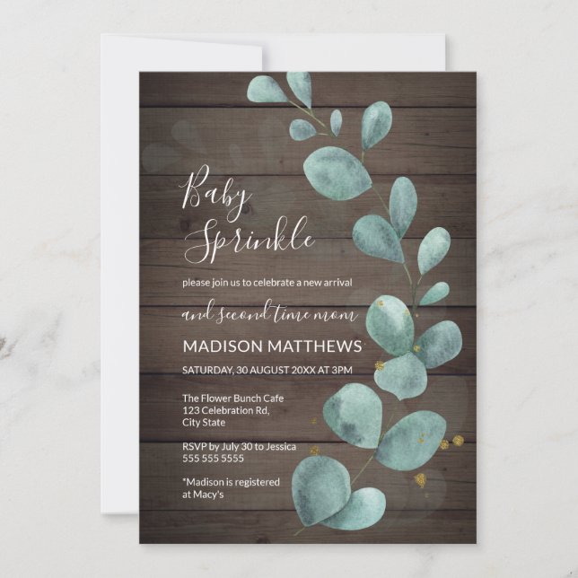 Invitation Eucalyptus Verdure Bois rustique Bébé Saupoudrer I (Devant)