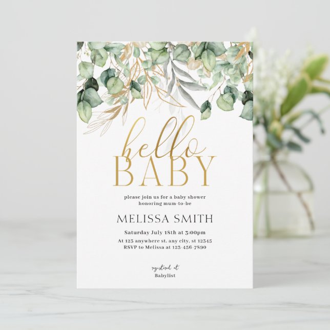 Invitation Eucalyptus verdure Bonjour Baby shower (Debout devant)