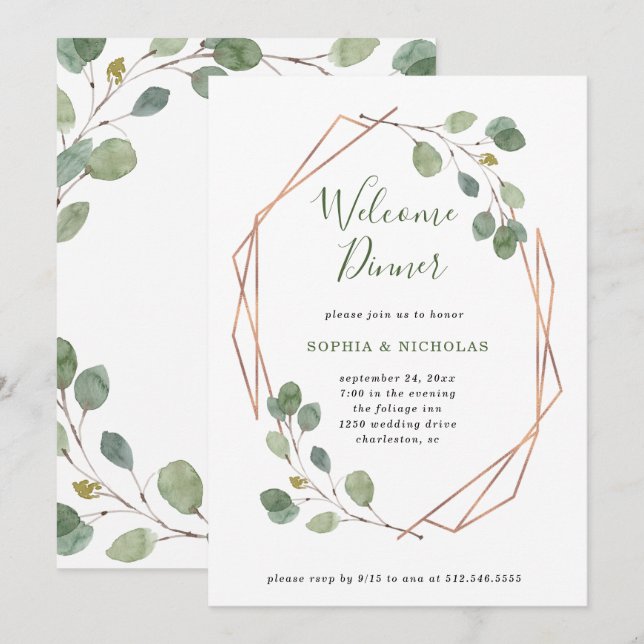 Invitation Eucalyptus verdure | Dîner d'accueil rose Gold Geo (Devant / Derrière)