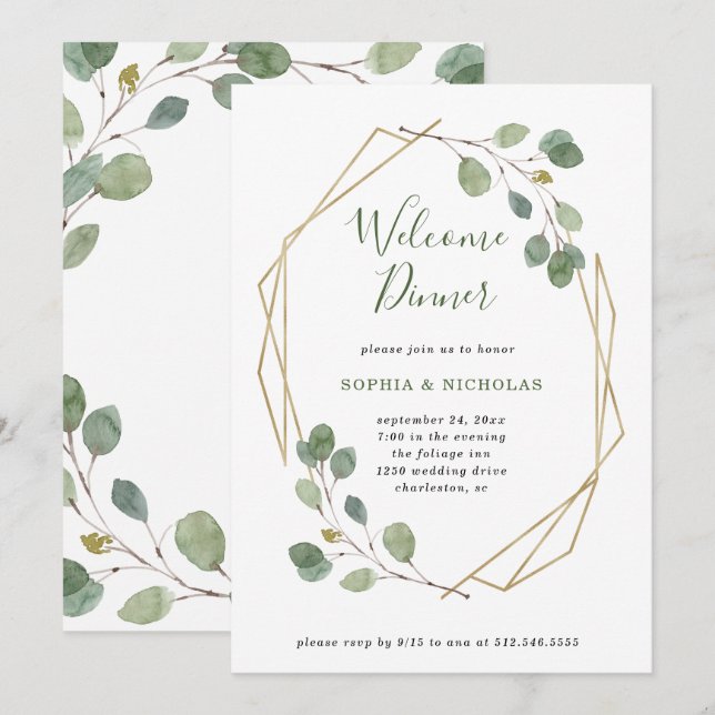 Invitation Eucalyptus verdure | Dîner de bienvenue géométriqu (Devant / Derrière)