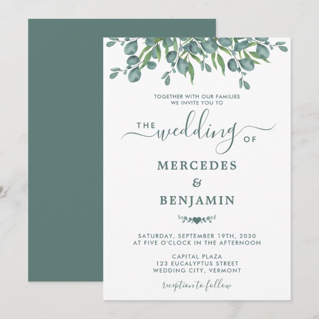 Invitation Eucalyptus Verdure Élégant Mariage Sage (Devant / Derrière)