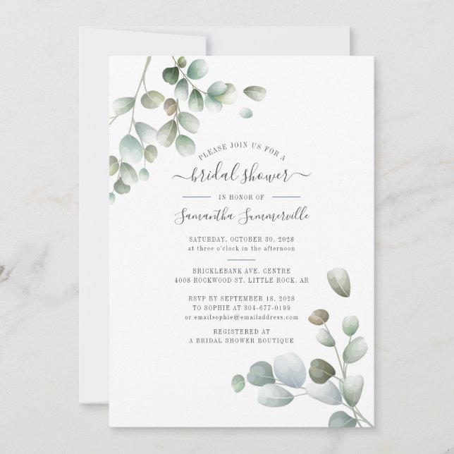 Invitation Eucalyptus verdure Fête des mariées à script flora (Devant)