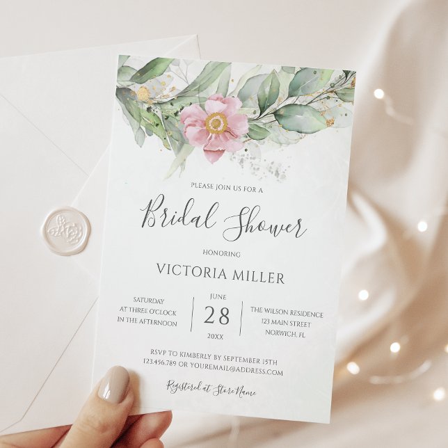 Invitation Eucalyptus Verdure Fête des mariées florale rose (Créateur téléchargé)