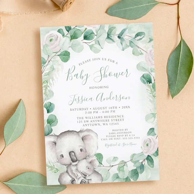 Invitation Eucalyptus verdure Floral Baby shower Koala (Créateur téléchargé)