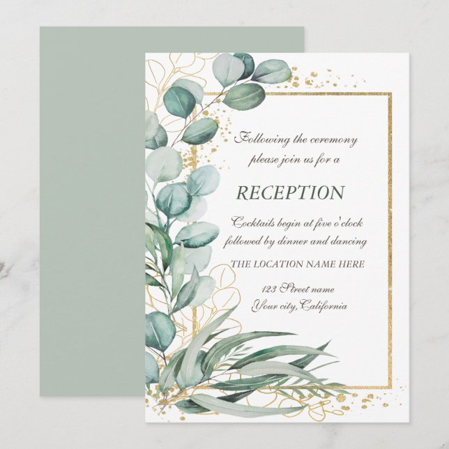 Invitation Eucalyptus Verdure Gold Frame Réception de mariage (Devant / Derrière)