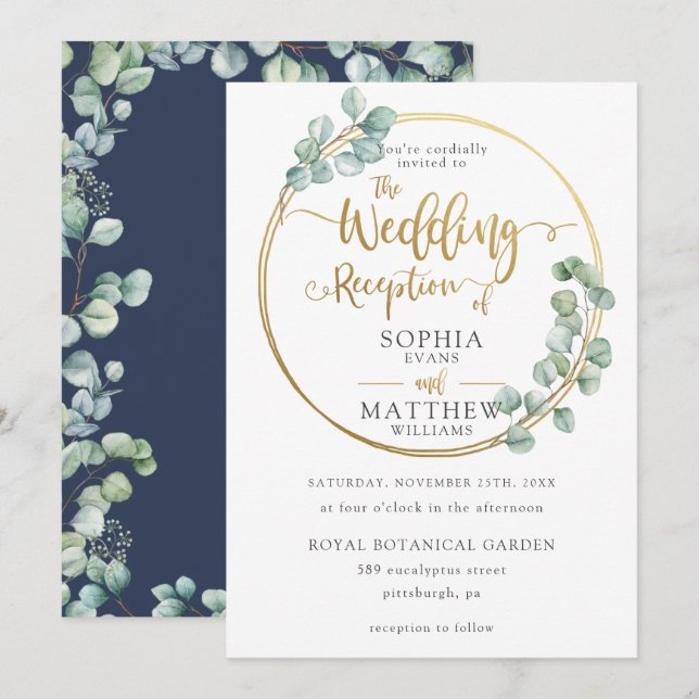 Invitation Eucalyptus Verdure Gold Frame Réception de mariage (Devant / Derrière)