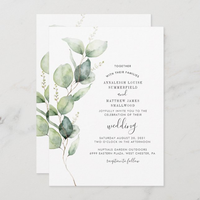Invitation Eucalyptus Verdure Mariage moderne (Devant / Derrière)