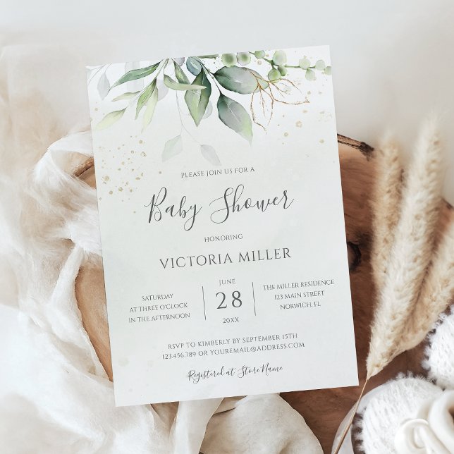 Invitation Eucalyptus Verdure Or Baby shower élégant (Créateur téléchargé)