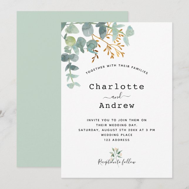 Invitation Eucalyptus verdure or élégant script mariage (Devant / Derrière)