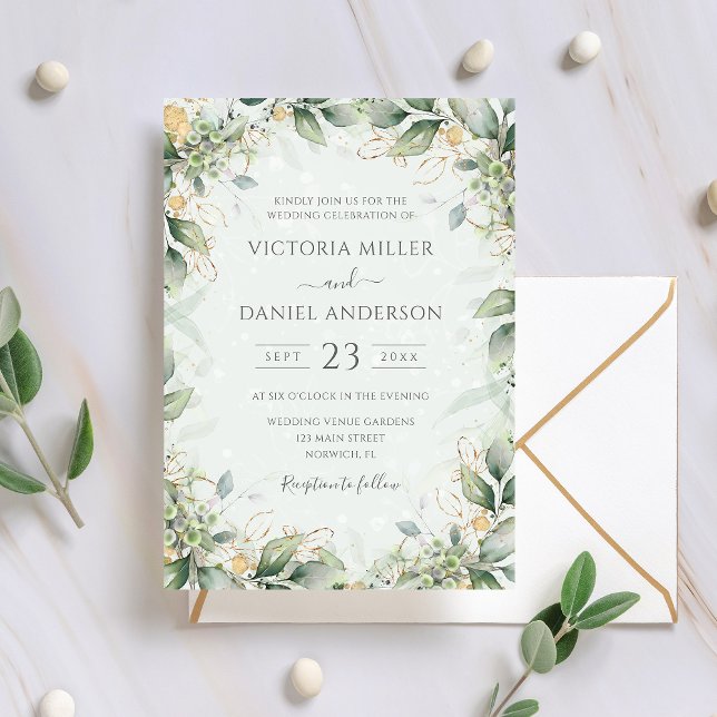 Invitation Eucalyptus Verdure Or Feuilles mariage élégant (Créateur téléchargé)